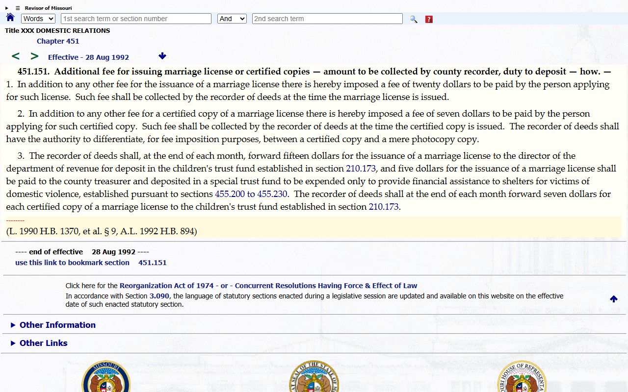 Howard County marriage records Missouri marriage license fee statute