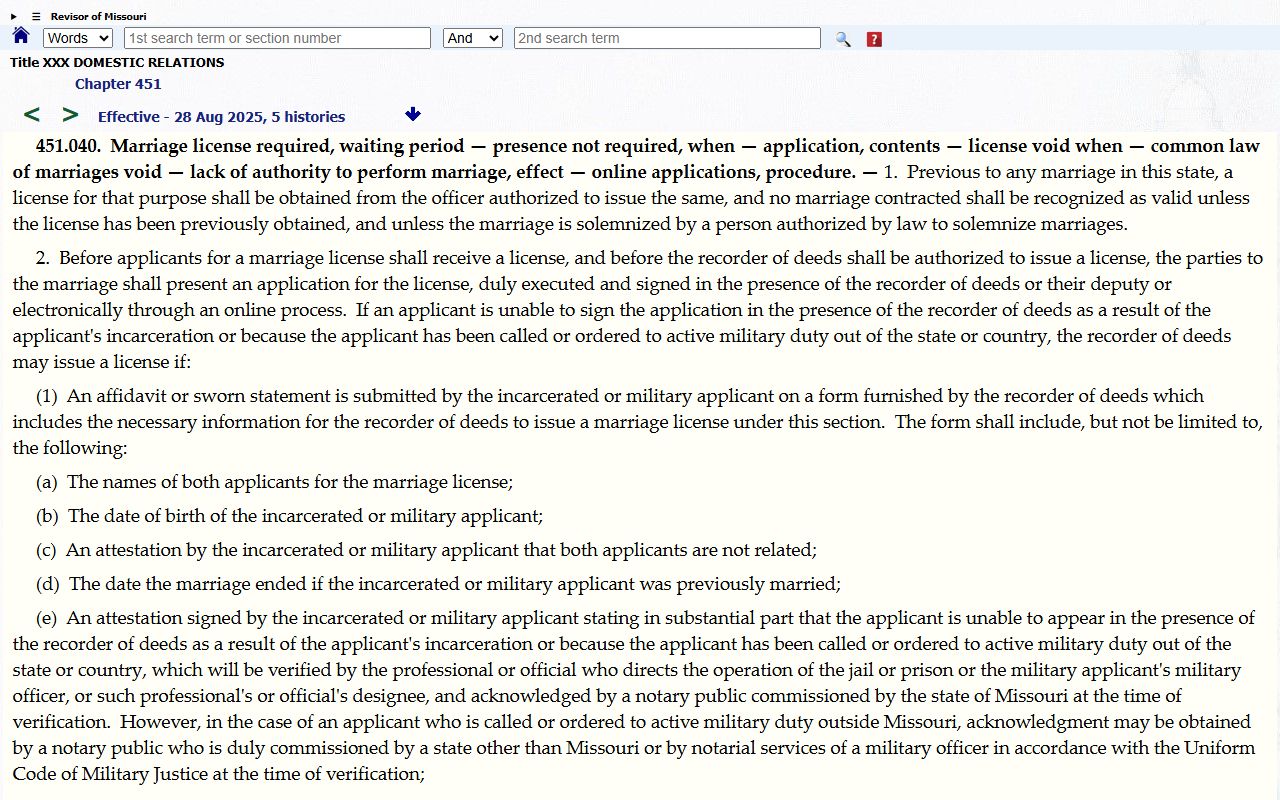 Howard County marriage records Missouri marriage license requirements statute