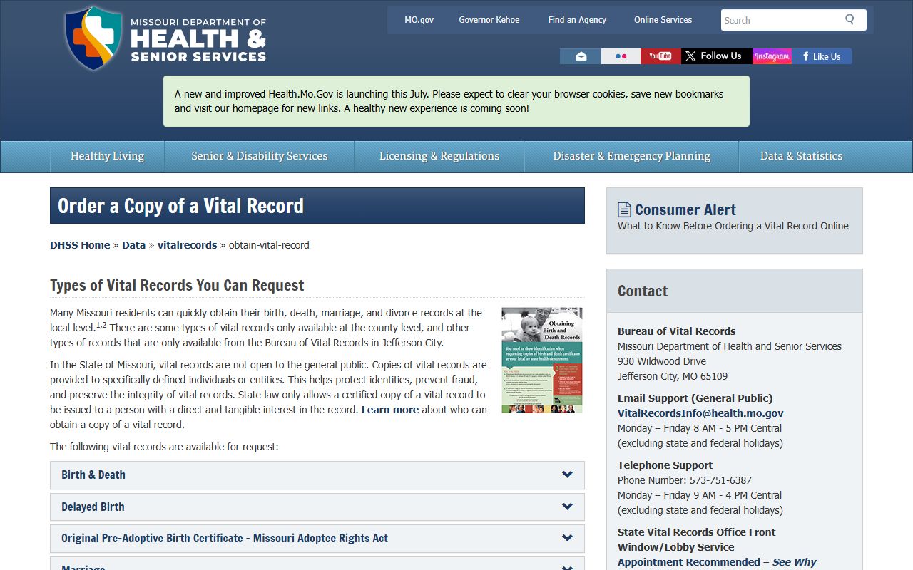 Howard County marriage and divorce records Missouri DHSS vital records page