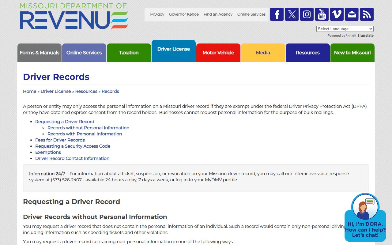 Howard County traffic court records Missouri DOR driver record request source